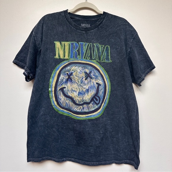 Nirvana Smiley Face Grey Mineral Wash Unisex Short Sleeve Tee - Size XL - Picture 1 of 7